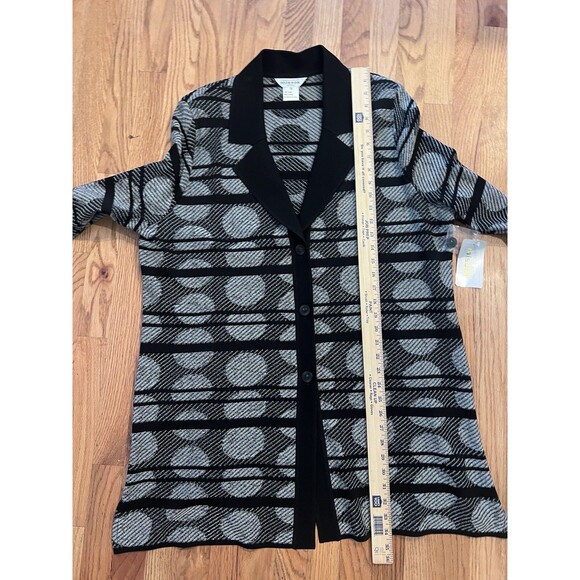 Exclusively Misook 1x Black White Stripe Circle Acrylic long cardigan Duster NWT - Picture 3 of 9